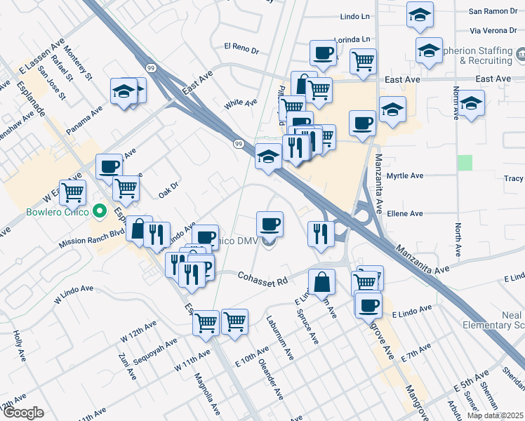 map of restaurants, bars, coffee shops, grocery stores, and more near 120 Parmac Road in Chico