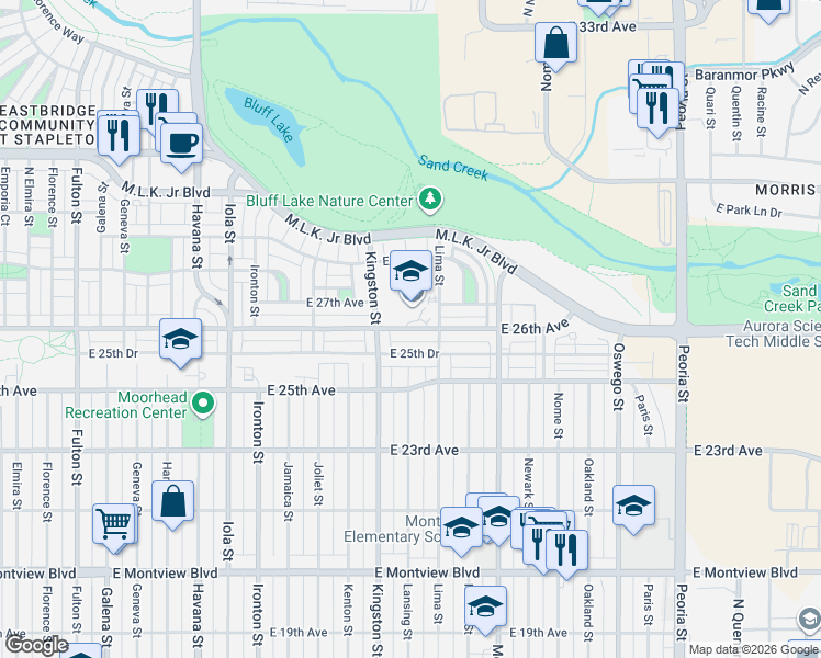 map of restaurants, bars, coffee shops, grocery stores, and more near 11190 East 26th Avenue in Aurora