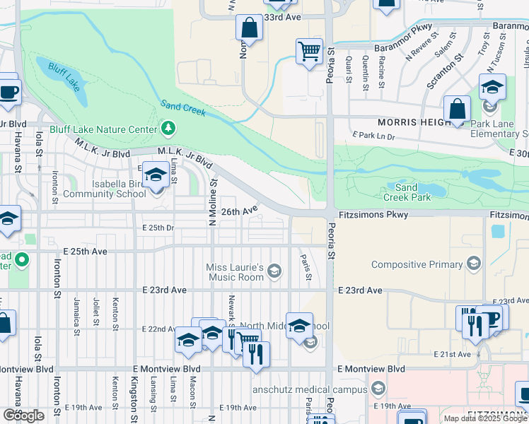 map of restaurants, bars, coffee shops, grocery stores, and more near 11659 East 25th Drive in Aurora