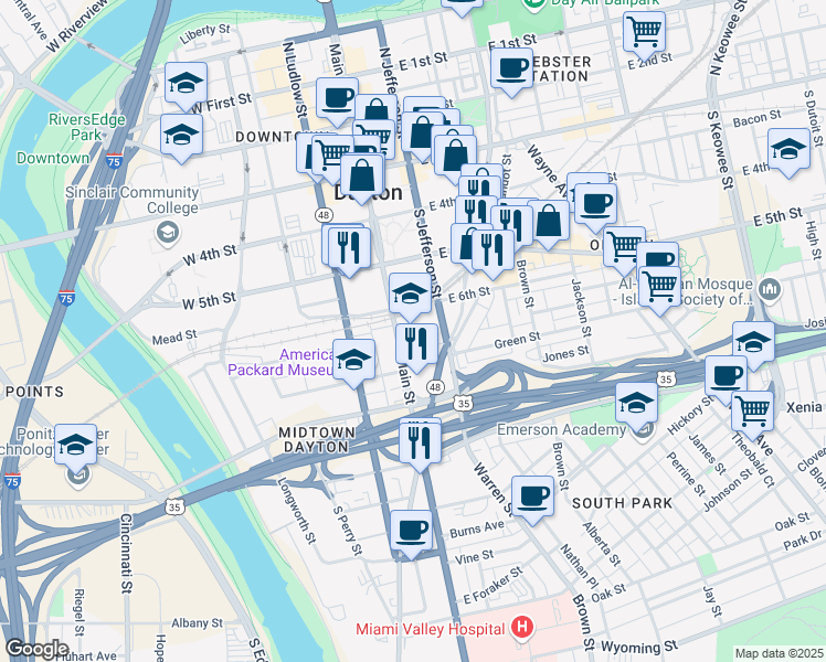 map of restaurants, bars, coffee shops, grocery stores, and more near 318 South Main Street in Dayton
