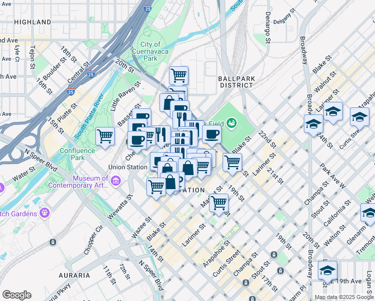 map of restaurants, bars, coffee shops, grocery stores, and more near 1899 Wynkoop Street in Denver