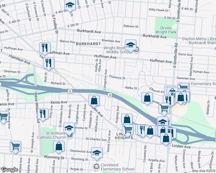 map of restaurants, bars, coffee shops, grocery stores, and more near 1115 Barstow Avenue in Dayton