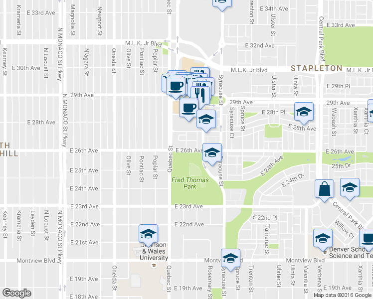 map of restaurants, bars, coffee shops, grocery stores, and more near 7413 E 26th Ave in Denver