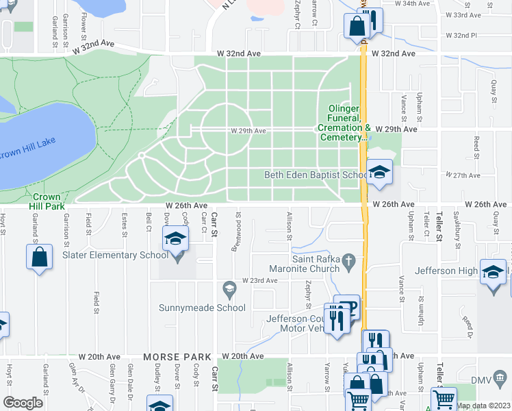 map of restaurants, bars, coffee shops, grocery stores, and more near 8190 West 26th Avenue in Lakewood