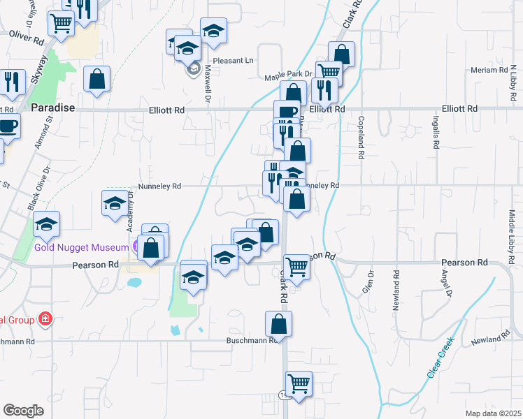 map of restaurants, bars, coffee shops, grocery stores, and more near 4263 Rocky Ridge Court in Paradise