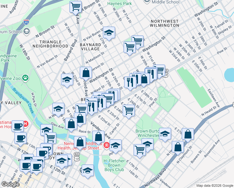 map of restaurants, bars, coffee shops, grocery stores, and more near 1 West 25th Street in Wilmington
