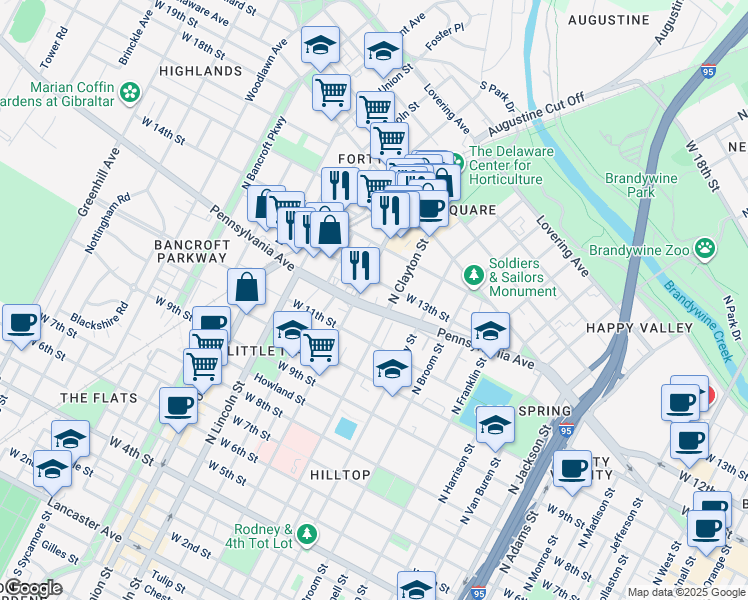map of restaurants, bars, coffee shops, grocery stores, and more near 1607 Pennsylvania Avenue in Wilmington