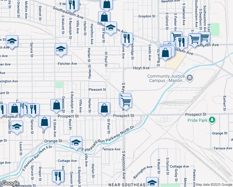 map of restaurants, bars, coffee shops, grocery stores, and more near 924 Saint Peter Street in Indianapolis
