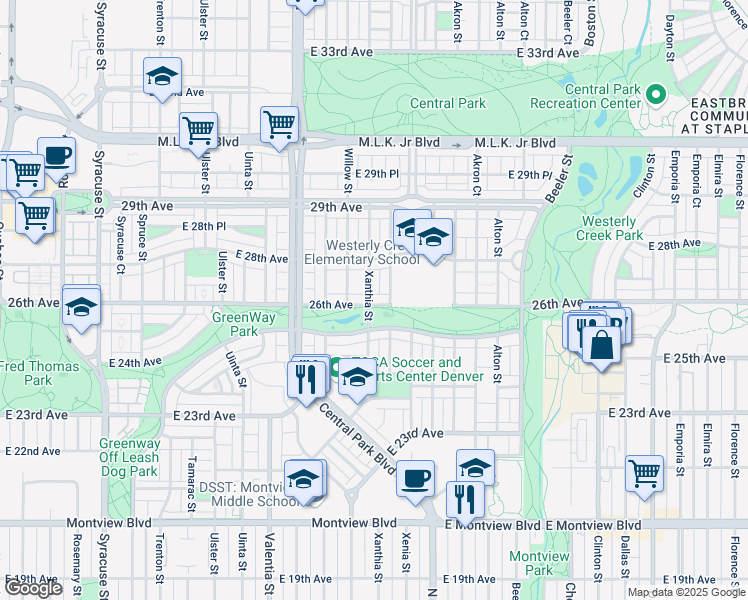 map of restaurants, bars, coffee shops, grocery stores, and more near 8691 East 26th Avenue in Denver