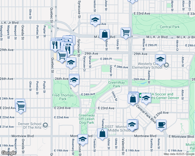 map of restaurants, bars, coffee shops, grocery stores, and more near 7860 East 26th Avenue in Denver