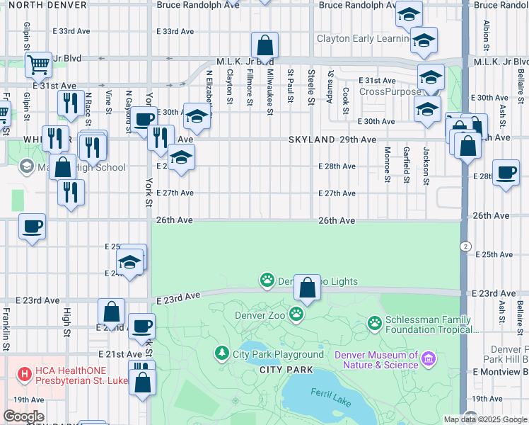 map of restaurants, bars, coffee shops, grocery stores, and more near in Denver