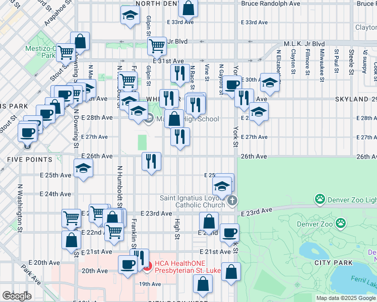 map of restaurants, bars, coffee shops, grocery stores, and more near 1915 East 26th Avenue in Denver
