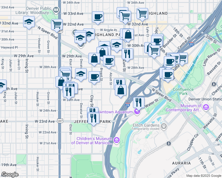map of restaurants, bars, coffee shops, grocery stores, and more near in Denver