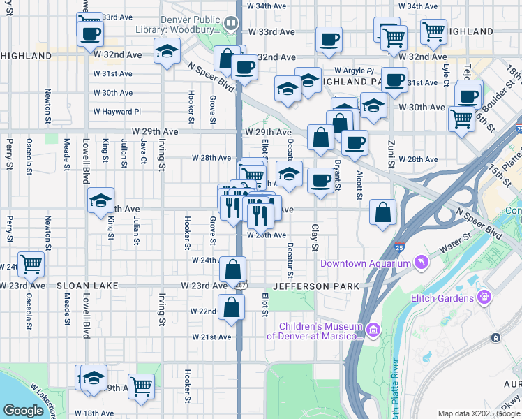 map of restaurants, bars, coffee shops, grocery stores, and more near 2920 West 26th Avenue in Denver