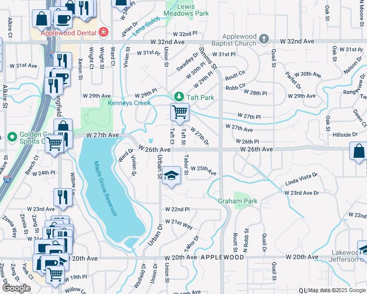 map of restaurants, bars, coffee shops, grocery stores, and more near 2585 Tabor Street in Lakewood