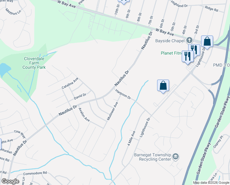 map of restaurants, bars, coffee shops, grocery stores, and more near 65 Mutineer Avenue in Barnegat Township