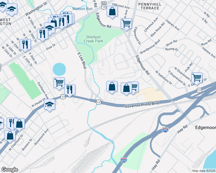 map of restaurants, bars, coffee shops, grocery stores, and more near 37G Paladin Drive in Wilmington