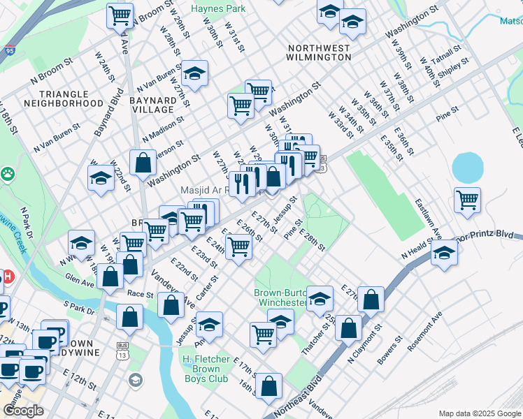 map of restaurants, bars, coffee shops, grocery stores, and more near 2709 North Market Street in Wilmington