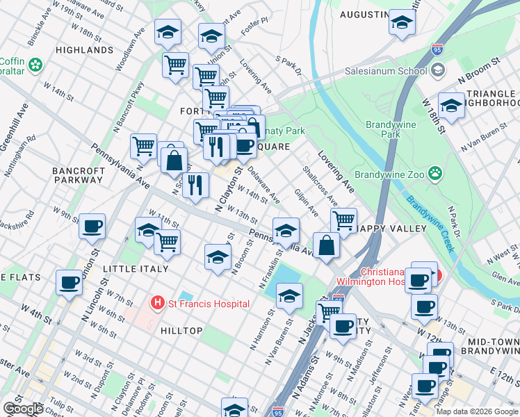 map of restaurants, bars, coffee shops, grocery stores, and more near 1300 North Rodney Street in Wilmington
