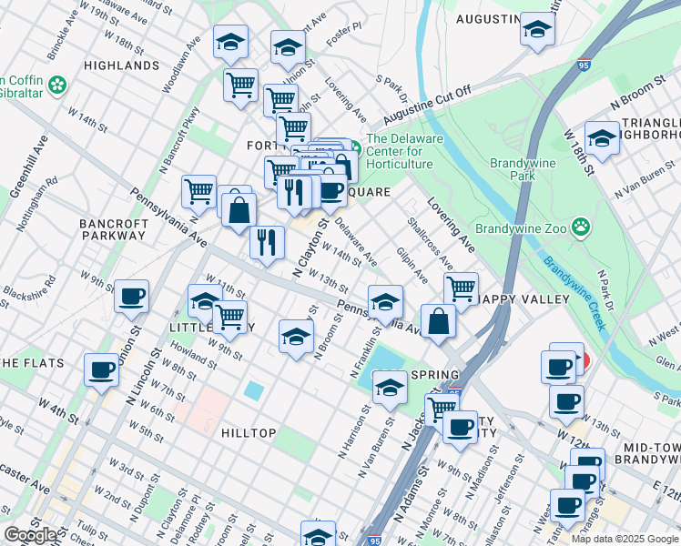 map of restaurants, bars, coffee shops, grocery stores, and more near 1300 North Rodney Street in Wilmington