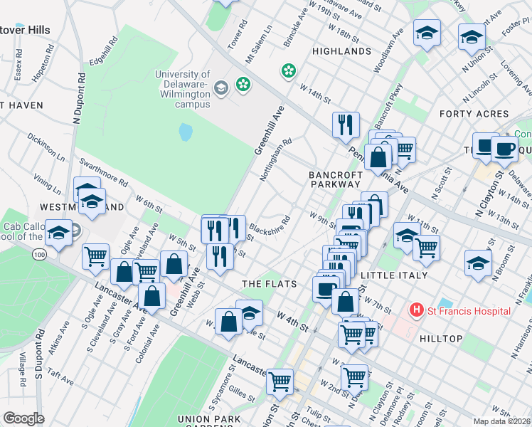 map of restaurants, bars, coffee shops, grocery stores, and more near 2308 Saymoure Road in Wilmington