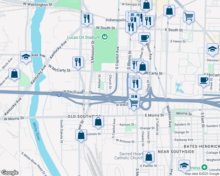 map of restaurants, bars, coffee shops, grocery stores, and more near 943 Church Street in Indianapolis