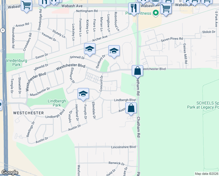 map of restaurants, bars, coffee shops, grocery stores, and more near 2200 Saratoga Drive in Springfield