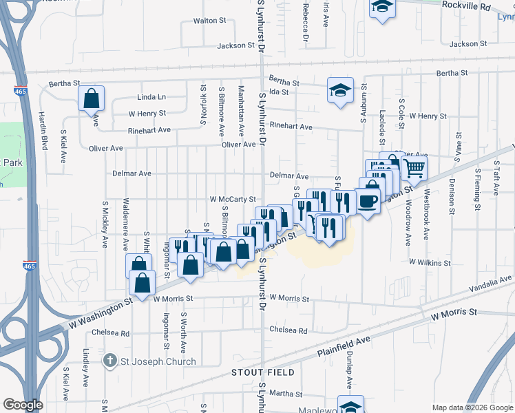 map of restaurants, bars, coffee shops, grocery stores, and more near 816 South Lynhurst Drive in Indianapolis