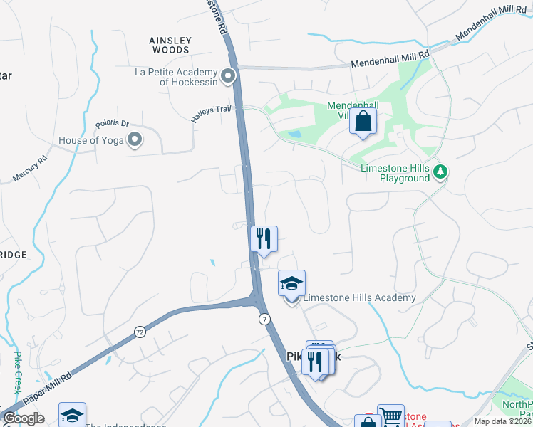 map of restaurants, bars, coffee shops, grocery stores, and more near 121 Pumpkin Patch Lane in Hockessin