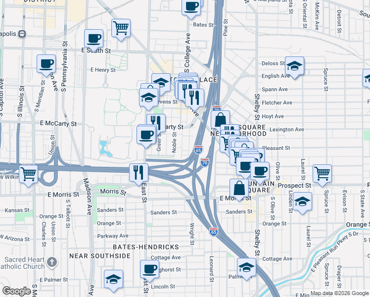 map of restaurants, bars, coffee shops, grocery stores, and more near 919 Noble Street in Indianapolis
