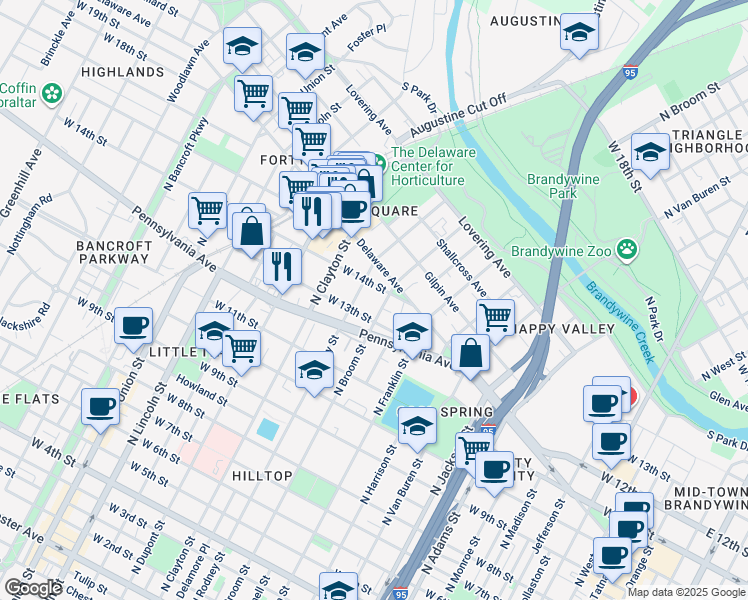 map of restaurants, bars, coffee shops, grocery stores, and more near 1300 North Rodney Street in Wilmington