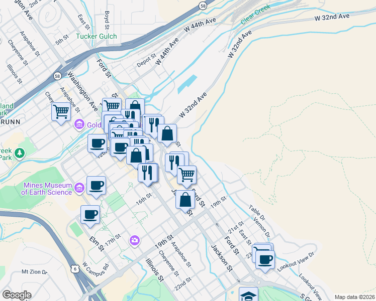 map of restaurants, bars, coffee shops, grocery stores, and more near 503 15th Street in Golden