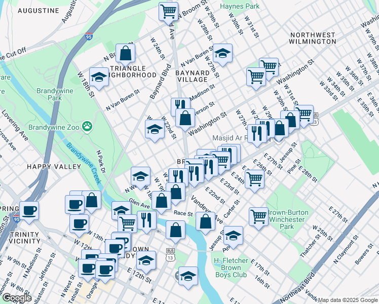 map of restaurants, bars, coffee shops, grocery stores, and more near 200 West 22nd Street in Wilmington