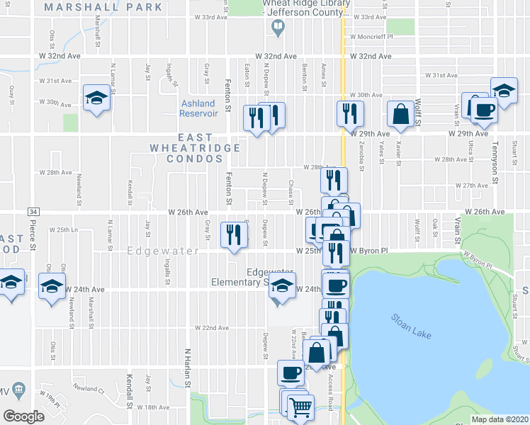 map of restaurants, bars, coffee shops, grocery stores, and more near 5630 West 26th Avenue in Edgewater