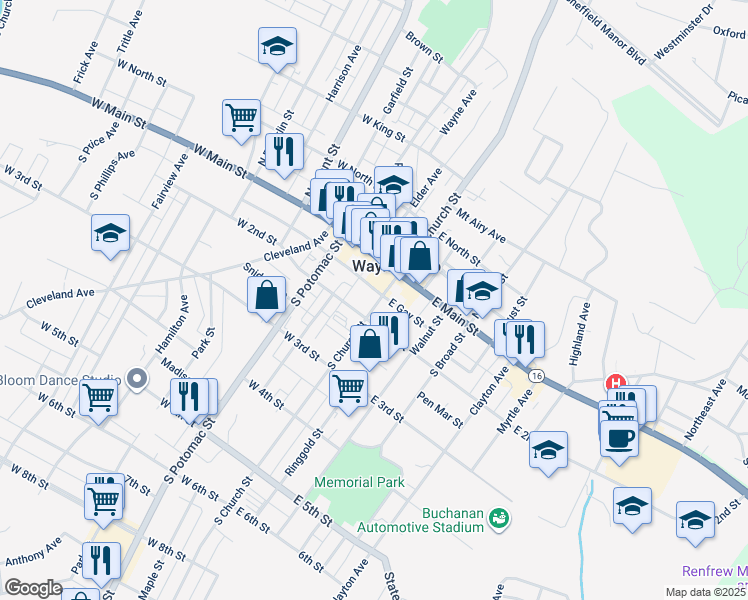 map of restaurants, bars, coffee shops, grocery stores, and more near 30 South Church Street in Waynesboro