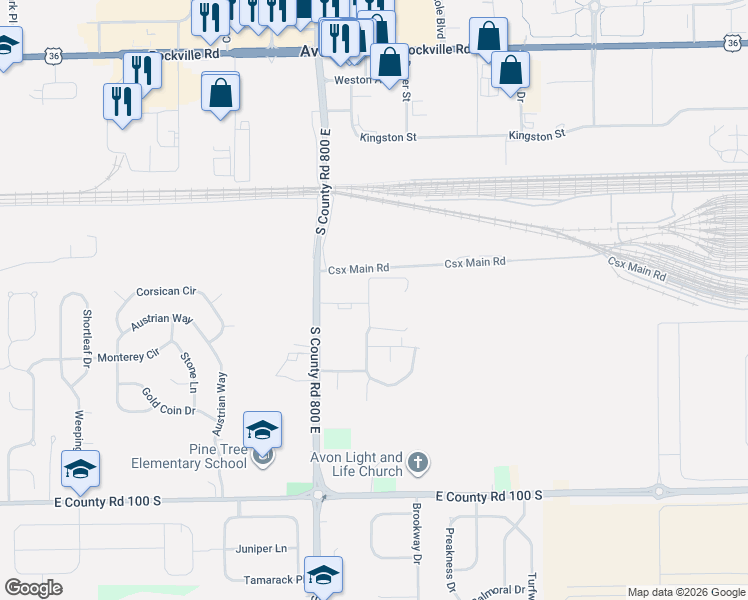 map of restaurants, bars, coffee shops, grocery stores, and more near 563 West Edge Trail in Avon