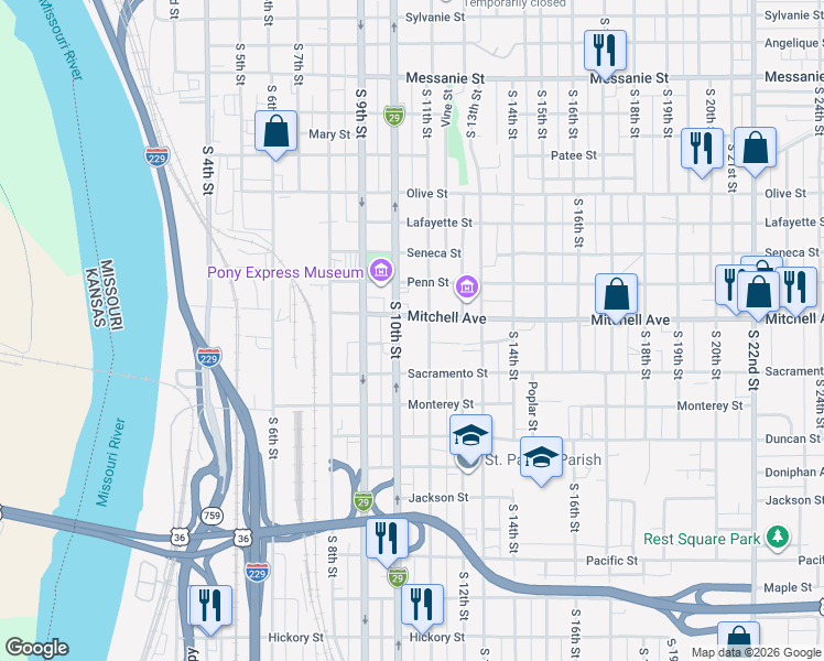 map of restaurants, bars, coffee shops, grocery stores, and more near 1300 South 11th Street in Saint Joseph