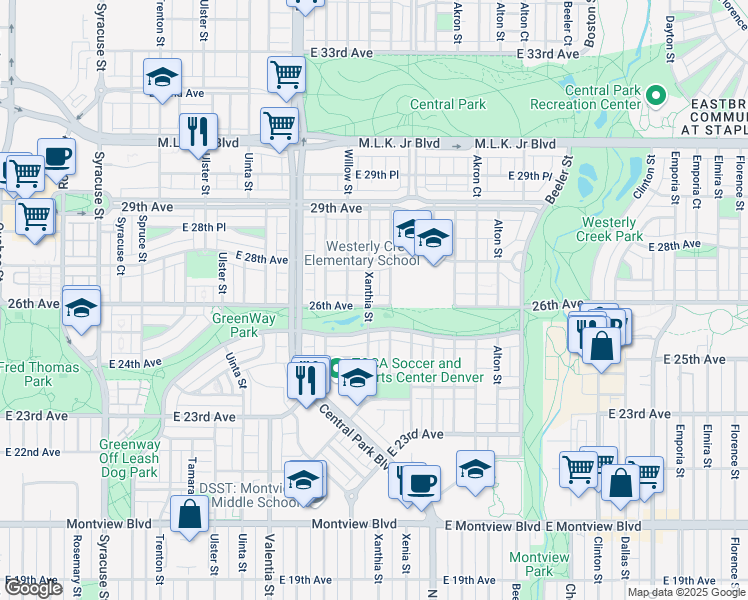 map of restaurants, bars, coffee shops, grocery stores, and more near 8691 East 26th Avenue in Denver