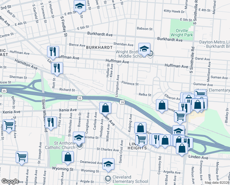 map of restaurants, bars, coffee shops, grocery stores, and more near 1115 Barstow Avenue in Dayton