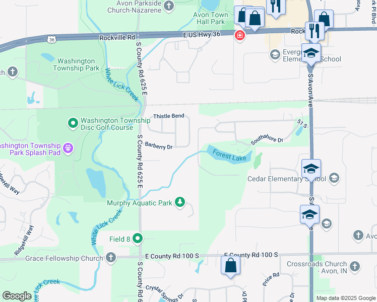 map of restaurants, bars, coffee shops, grocery stores, and more near 6435 Barberry Drive in Avon