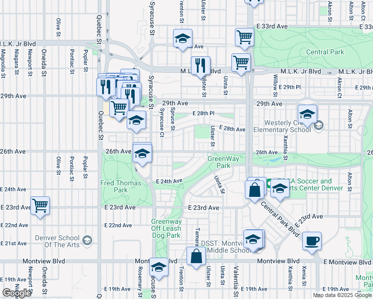 map of restaurants, bars, coffee shops, grocery stores, and more near 7860 East 26th Avenue in Denver