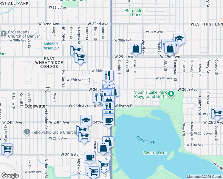 map of restaurants, bars, coffee shops, grocery stores, and more near Sheridan Blvd & W 26th Ave in Denver