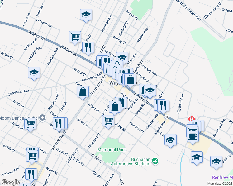 map of restaurants, bars, coffee shops, grocery stores, and more near 30 South Church Street in Waynesboro