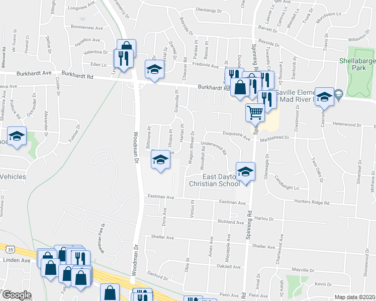 map of restaurants, bars, coffee shops, grocery stores, and more near 801 Wagon Wheel Drive in Dayton