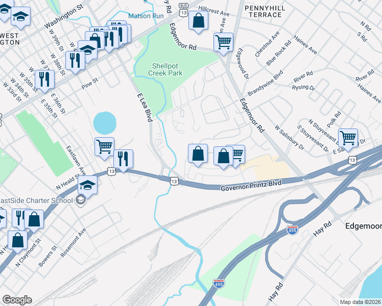 map of restaurants, bars, coffee shops, grocery stores, and more near 37G Paladin Drive in Wilmington