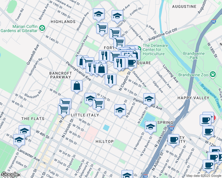 map of restaurants, bars, coffee shops, grocery stores, and more near 1607 Pennsylvania Avenue in Wilmington