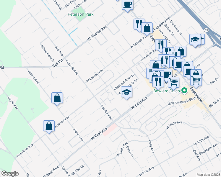 map of restaurants, bars, coffee shops, grocery stores, and more near 485 Autumn Gold Drive in Chico