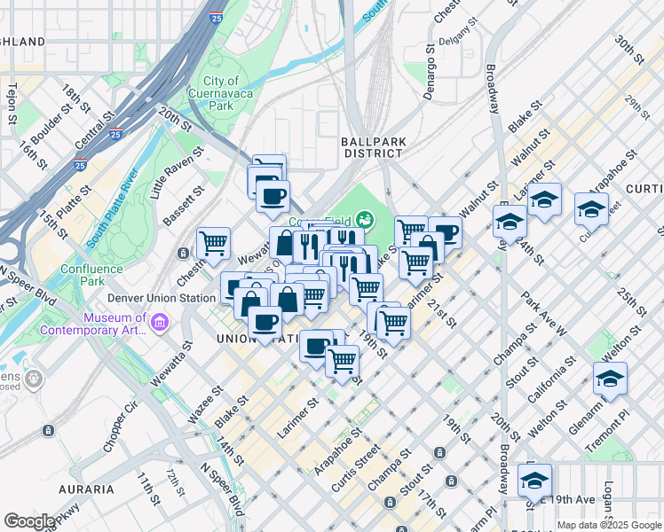 map of restaurants, bars, coffee shops, grocery stores, and more near 1901 Wazee Street in Denver