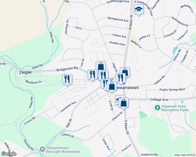 map of restaurants, bars, coffee shops, grocery stores, and more near North Hill Street in Stewartstown