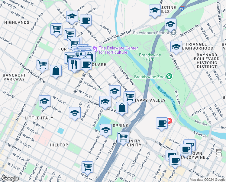 map of restaurants, bars, coffee shops, grocery stores, and more near 1300 Gilpin Avenue in Wilmington